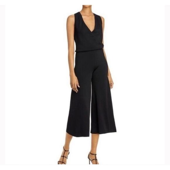 Theory Wrap Bodysuit Lustrate Jumpsuit Wide Leg V Neck  Black Minimalisst Sz M - Picture 1 of 11
